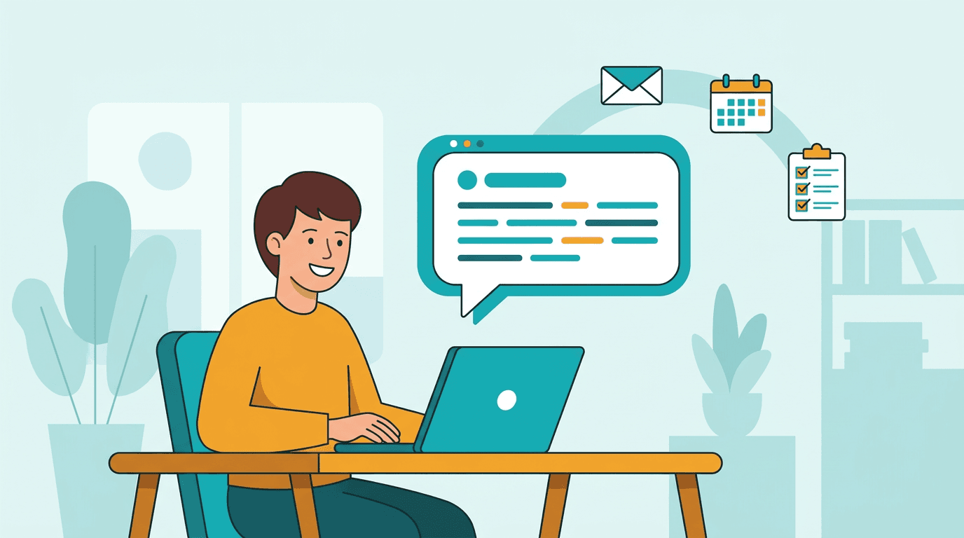 Flat vector illustration of a person using an AI chat assistant for everyday work, teal and amber