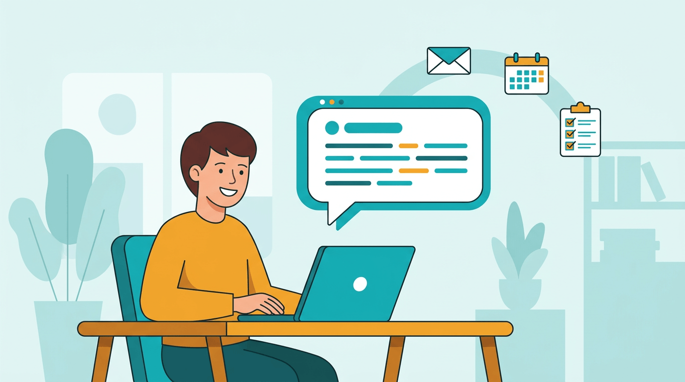 Flat vector illustration of a person using an AI chat assistant for everyday work, teal and amber