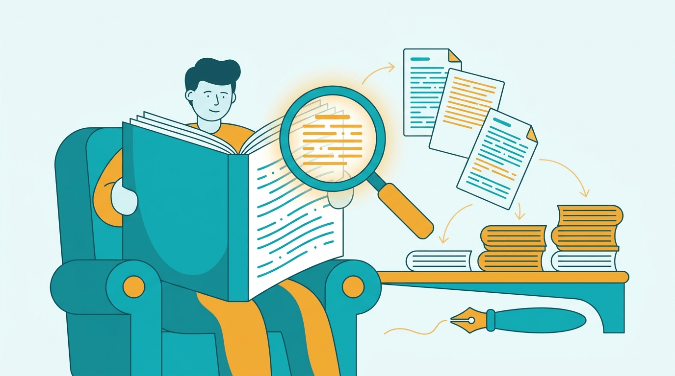 Flat vector illustration of a person analysing a long document with an AI assistant, teal and amber
