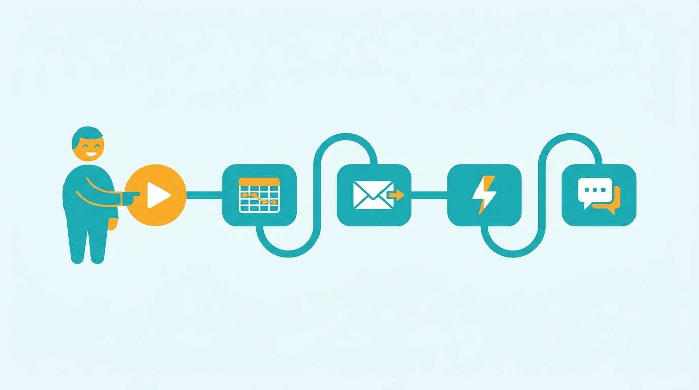 Flat vector illustration of a no-code automation workflow with connected nodes, teal and amber